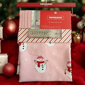 Pink Snowman Christmas Shower Curtain Set